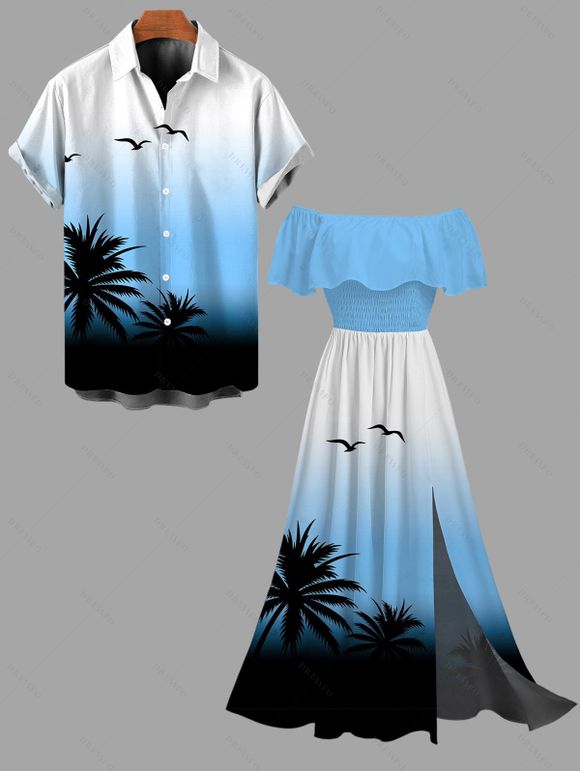 Vacation Couple Outfit Coconut Tree Seagulls Print Ombre Flounce Off the Shoulder Smocked Slit Dress and Shirt Set - Bleu Ciel S | US 4