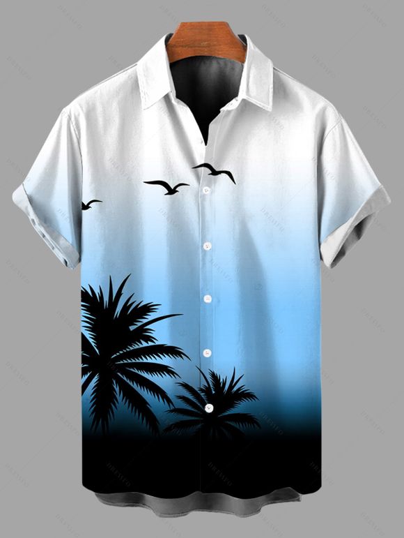 Vacation Couple Outfit Coconut Tree Seagulls Print Ombre Flounce Off the Shoulder Smocked Slit Dress and Shirt Set - Bleu Ciel S | US 4