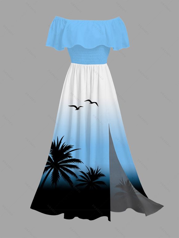Vacation Couple Outfit Coconut Tree Seagulls Print Ombre Flounce Off the Shoulder Smocked Slit Dress and Shirt Set - Bleu Ciel S | US 4