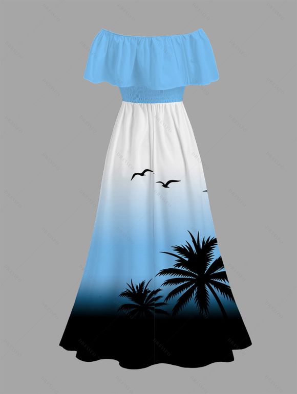 Vacation Couple Outfit Coconut Tree Seagulls Print Ombre Flounce Off the Shoulder Smocked Slit Dress and Shirt Set - Bleu Ciel S | US 4