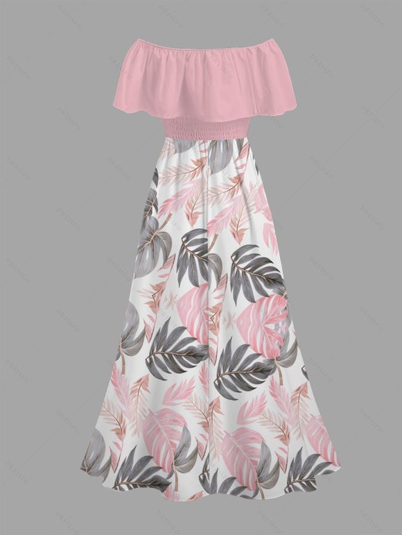 Vacation Dress Tropical Monstera Leaf Print Flounce Off the Shoulder Smocked Slit Dress - Rose XXL | US 14