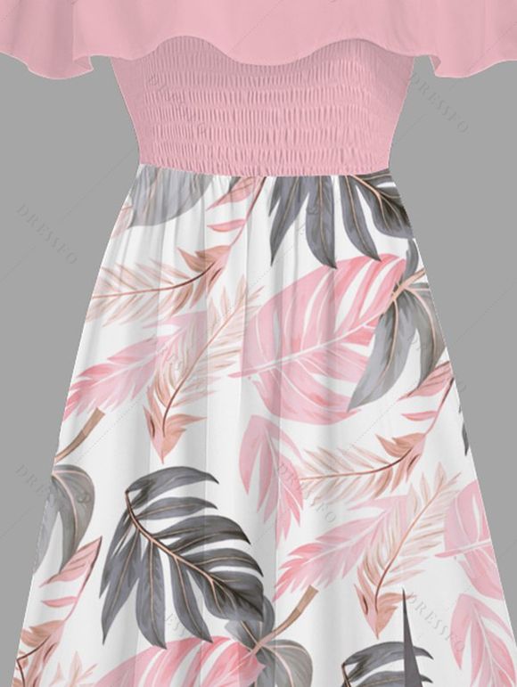 Vacation Dress Tropical Monstera Leaf Print Flounce Off the Shoulder Smocked Slit Dress - Rose XXL | US 14