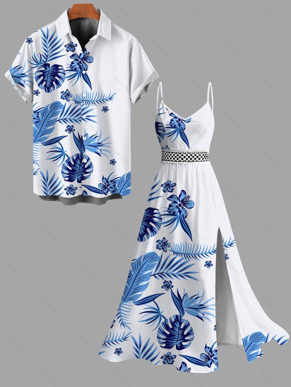 Hawaiian Vacation Couple Outfit Tropical Flower Monstera Leaf Print Lace Hollow Out Slit Dress and Shirt Set - Bleu Ciel S | US 4