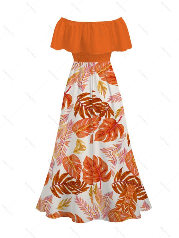 Vacation Dress Tropical Monstera Leaf Print Flounce Off the Shoulder Smocked Slit Dress - Orange XXL | US 14