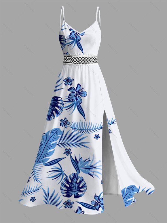 Hawaiian Vacation Couple Outfit Tropical Flower Monstera Leaf Print Lace Hollow Out Slit Dress and Shirt Set - Bleu Ciel S | US 4
