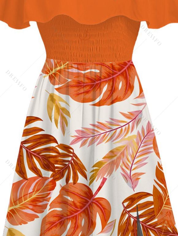 Vacation Dress Tropical Monstera Leaf Print Flounce Off the Shoulder Smocked Slit Dress - Orange XXL | US 14