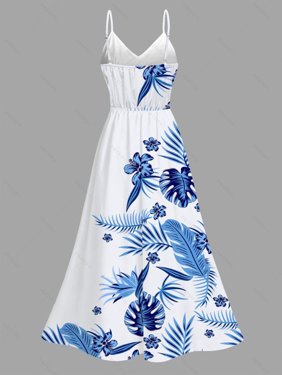 Hawaiian Vacation Couple Outfit Tropical Flower Monstera Leaf Print Lace Hollow Out Slit Dress and Shirt Set - Bleu Ciel S | US 4