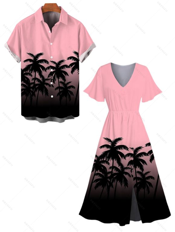 Beach Vacation Couple Outfit Coconut Tree Print Ombre Flutter Sleeve V Neck Slit Dress and Shirt Set - Rose S | US 4