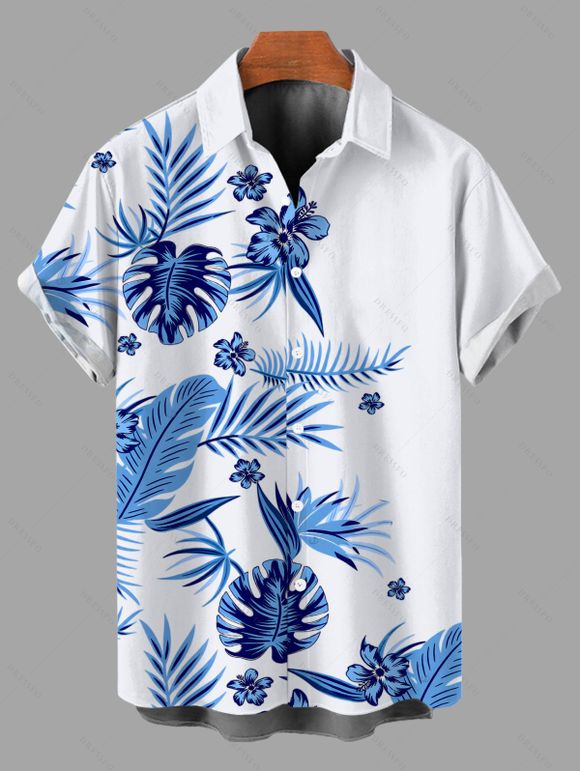 Hawaiian Vacation Couple Outfit Tropical Flower Monstera Leaf Print Lace Hollow Out Slit Dress and Shirt Set - Bleu Ciel S | US 4
