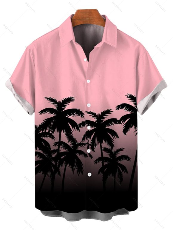 Beach Vacation Couple Outfit Coconut Tree Print Ombre Flutter Sleeve V Neck Slit Dress and Shirt Set - Rose S | US 4