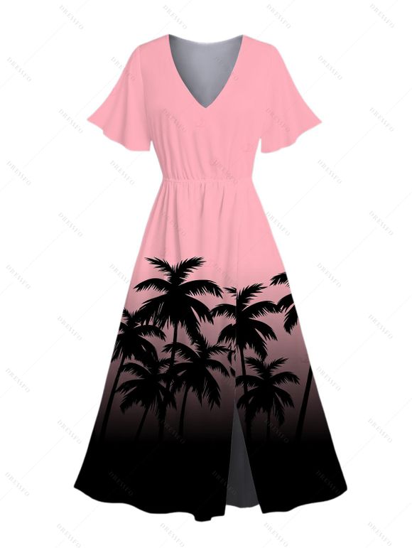 Beach Vacation Couple Outfit Coconut Tree Print Ombre Flutter Sleeve V Neck Slit Dress and Shirt Set - Rose S | US 4