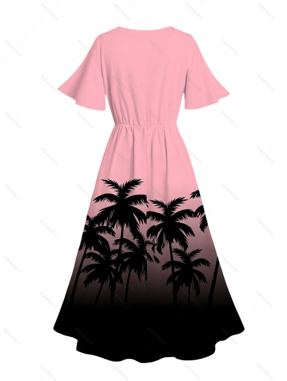 Beach Vacation Couple Outfit Coconut Tree Print Ombre Flutter Sleeve V Neck Slit Dress and Shirt Set - Rose S | US 4