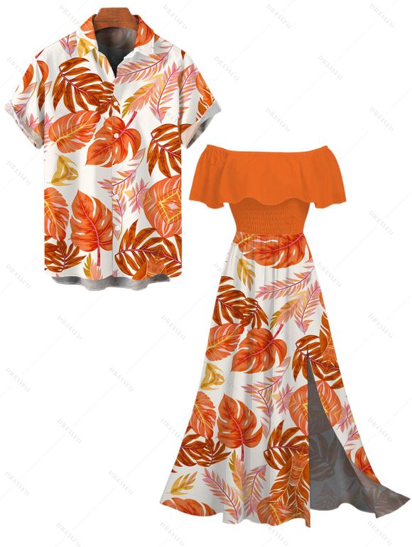 Vacation Couple Outfit Tropical Monstera Leaf Print Flounce Off the Shoulder Smocked Slit Dress and Shirt Set - Orange S | US 4