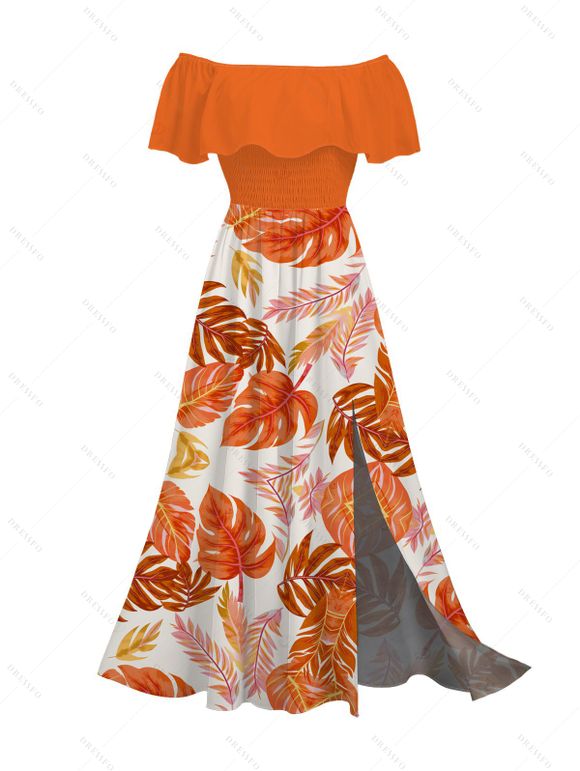 Vacation Couple Outfit Tropical Monstera Leaf Print Flounce Off the Shoulder Smocked Slit Dress and Shirt Set - Orange S | US 4