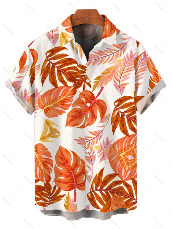 Vacation Couple Outfit Tropical Monstera Leaf Print Flounce Off the Shoulder Smocked Slit Dress and Shirt Set - Orange S | US 4
