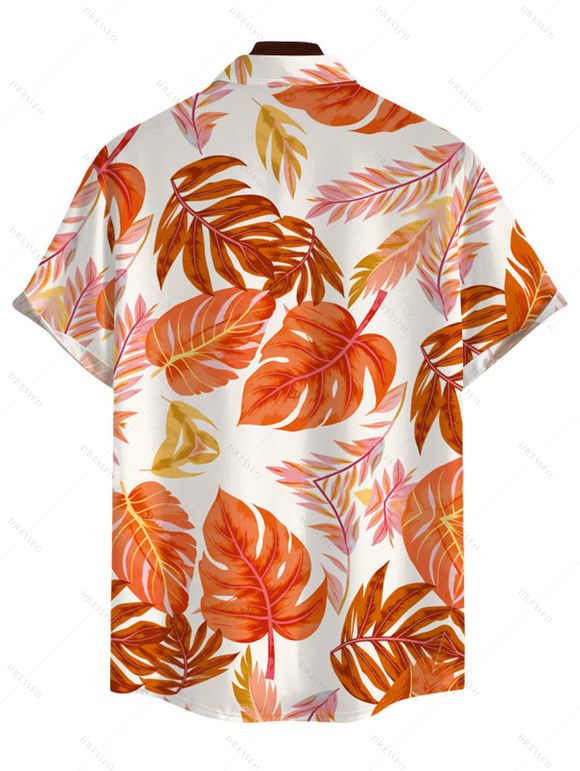 Vacation Couple Outfit Tropical Monstera Leaf Print Flounce Off the Shoulder Smocked Slit Dress and Shirt Set - Orange S | US 4