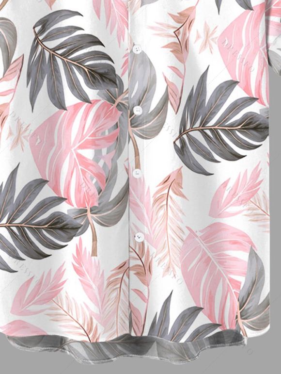 Men's Vacation Shirt Tropical Monstera Leaf Print Button Up Shirt - Rose 3XL