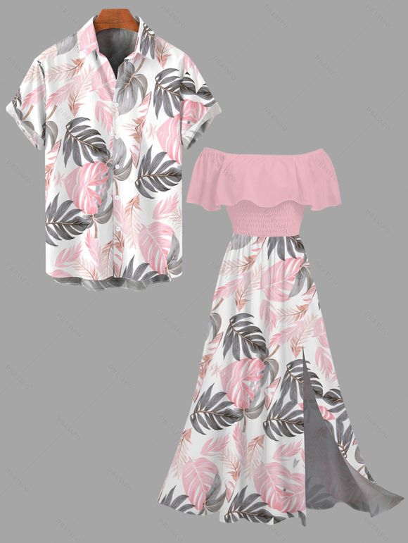 Vacation Couple Outfit Tropical Monstera Leaf Print Flounce Off the Shoulder Smocked Slit Dress and Shirt Set - Rose S | US 4