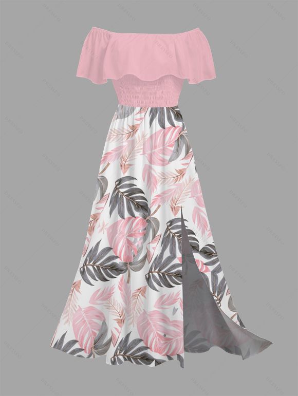 Vacation Couple Outfit Tropical Monstera Leaf Print Flounce Off the Shoulder Smocked Slit Dress and Shirt Set - Rose S | US 4