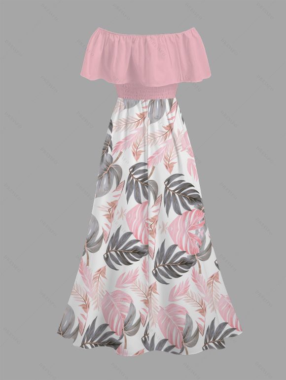 Vacation Couple Outfit Tropical Monstera Leaf Print Flounce Off the Shoulder Smocked Slit Dress and Shirt Set - Rose S | US 4