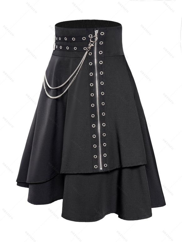 Mini Jupe Ligne A Gothique Superposée Zippée en Couleur Unie avec Chaîne et Œillet - Noir XXL