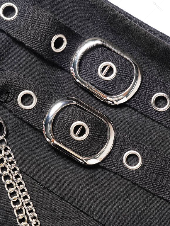 Mini Jupe Ligne A Gothique Superposée Zippée en Couleur Unie avec Chaîne et Œillet - Noir XXL