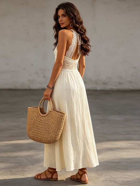 Vacation Dress Solid Color Lace Panel Cut Out Back Tied Spaghetti Strap Maxi Dress - Jaune clair XL | US 12