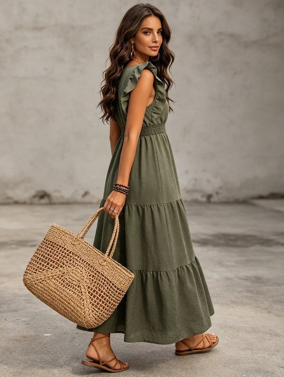 Vintage Dress Solid Color Ruffle Cap Sleeve Tired Maxi Self-belted Slit Dress - PLANT GREEN XL | US 12