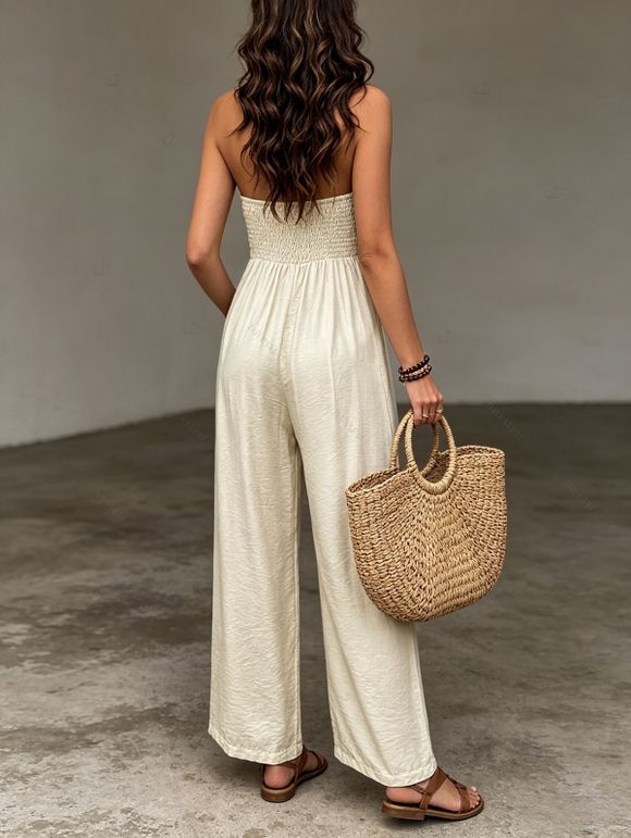 Vacation Wide Leg Jumpsuit Minimalist Solid Color Button Front Pocket Smocked Halter Jumpsuit - café lumière XL | US 12