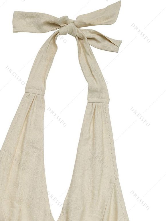 Vacation Wide Leg Jumpsuit Minimalist Solid Color Button Front Pocket Smocked Halter Jumpsuit - café lumière XL | US 12