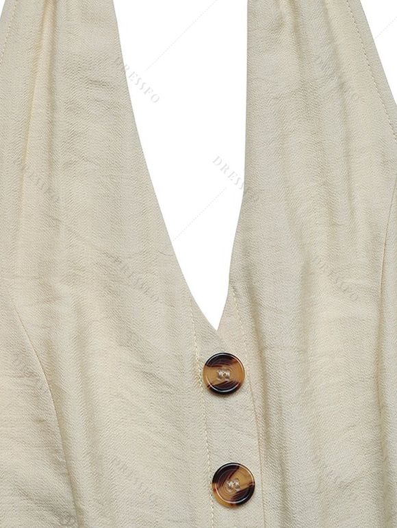 Vacation Wide Leg Jumpsuit Minimalist Solid Color Button Front Pocket Smocked Halter Jumpsuit - café lumière XL | US 12