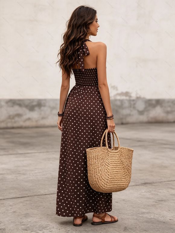 Robe de vacances vintage à pois, dos nu, maxi, style rétro - Brun S | US 4