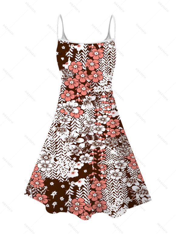 Hawaiian Vintage Dress Allover Ditsy Floral Leaf Print Spaghetti Strap Mini Dress - Brun XXXXXL | US 20