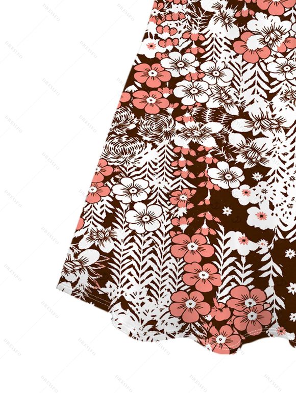 Hawaiian Vintage Dress Allover Ditsy Floral Leaf Print Spaghetti Strap Mini Dress - Brun XXXXXL | US 20
