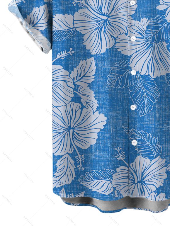 Men's Hawaiian Vacation Shirt Hibiscus Floral Leaf Print Button Up Shirt - Bleu Toile de Jean 5XL