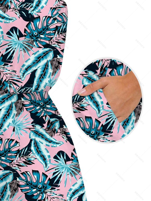 Hawaiian Vacation Romper Allover Tropical Palm Leaf Print Pocket Off the Shoulder Romper - Rose XXL | US 14