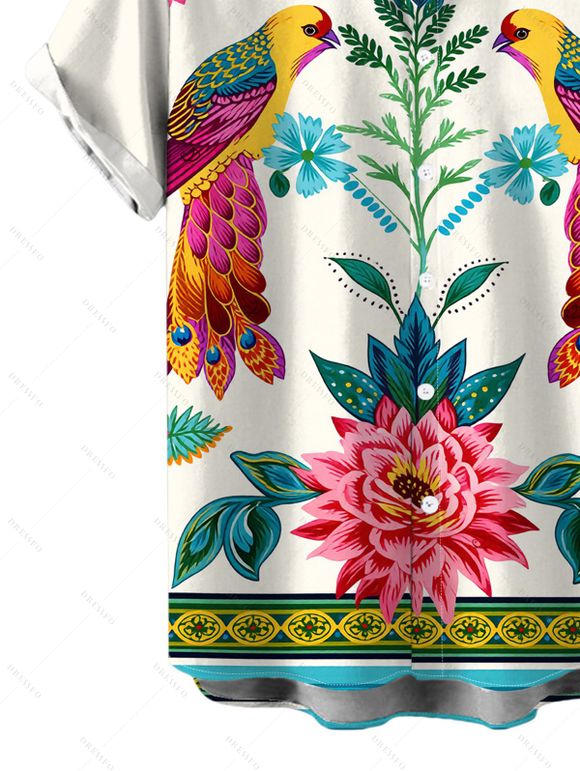 Men's Vacation Shit Vintage Floral Leaf Peacock Ethnic Print Button Up Shirt - Beige 3XL