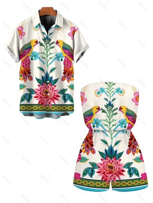 Vacation Couple Outfit Vintage Floral Leaf Peacock Ethnic Print Pocket Off the Shoulder Romper and Shirt Set - Beige S | US 4