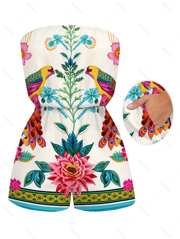 Vacation Couple Outfit Vintage Floral Leaf Peacock Ethnic Print Pocket Off the Shoulder Romper and Shirt Set - Beige S | US 4