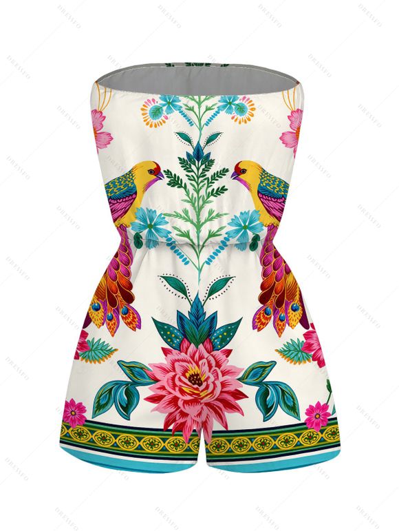 Vacation Couple Outfit Vintage Floral Leaf Peacock Ethnic Print Pocket Off the Shoulder Romper and Shirt Set - Beige S | US 4