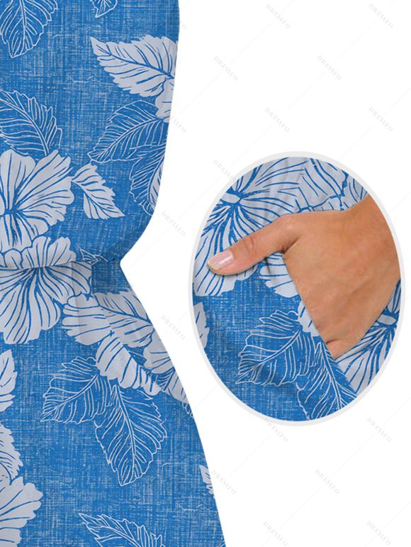 Hawaiian Vacation Romper Hibiscus Floral Leaf Print Pocket Off the Shoulder Romper - Bleu Toile de Jean XXL | US 14