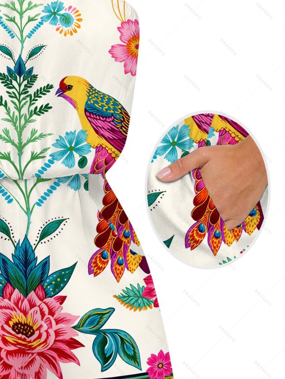 Vacation Couple Outfit Vintage Floral Leaf Peacock Ethnic Print Pocket Off the Shoulder Romper and Shirt Set - Beige S | US 4