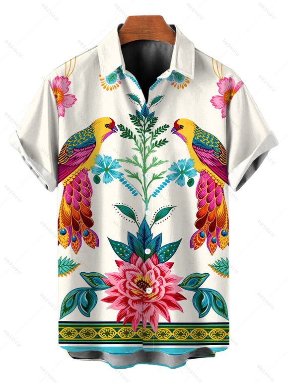 Vacation Couple Outfit Vintage Floral Leaf Peacock Ethnic Print Pocket Off the Shoulder Romper and Shirt Set - Beige S | US 4
