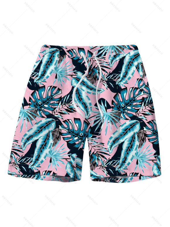 Men's Hawaiian Vacation Beach Shorts Tropical Palm Leaf Print Pocket Drawstring Board Shorts - Rose 5XL
