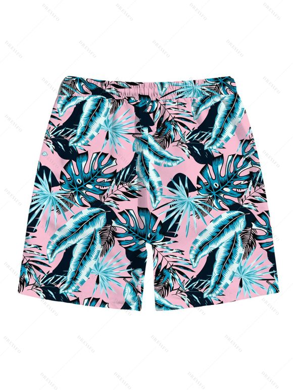 Men's Hawaiian Vacation Beach Shorts Tropical Palm Leaf Print Pocket Drawstring Board Shorts - Rose 5XL