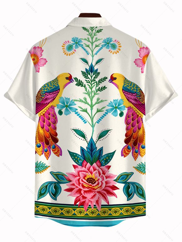 Vacation Couple Outfit Vintage Floral Leaf Peacock Ethnic Print Pocket Off the Shoulder Romper and Shirt Set - Beige S | US 4