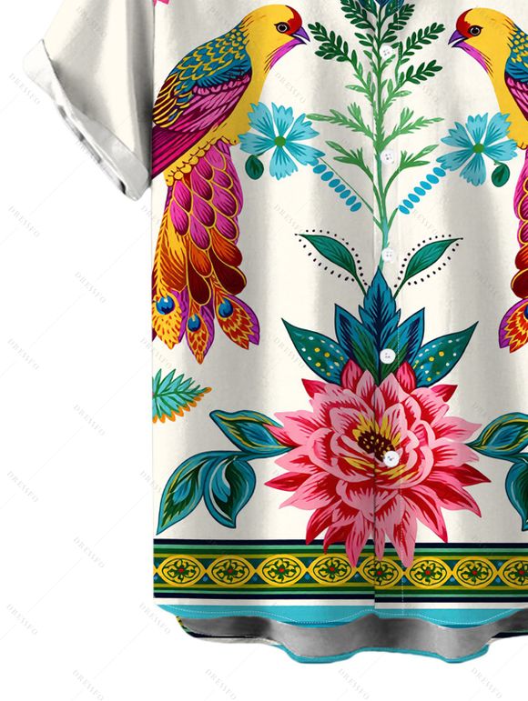 Vacation Couple Outfit Vintage Floral Leaf Peacock Ethnic Print Pocket Off the Shoulder Romper and Shirt Set - Beige S | US 4