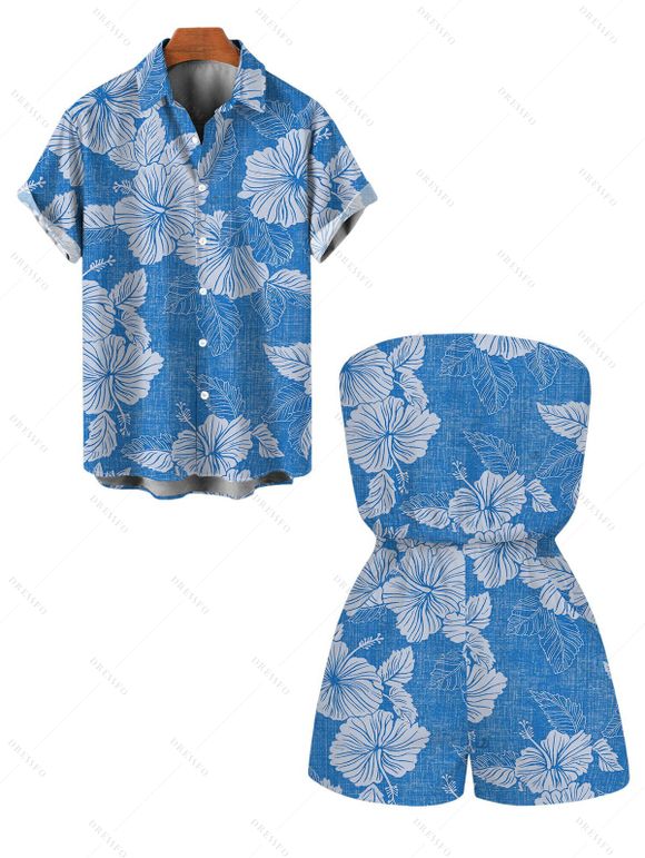 Hawaiian Vacation Couple Outfit Hibiscus Floral Leaf Print Pocket Off the Shoulder Romper and Shirt Set - Bleu Toile de Jean S | US 4