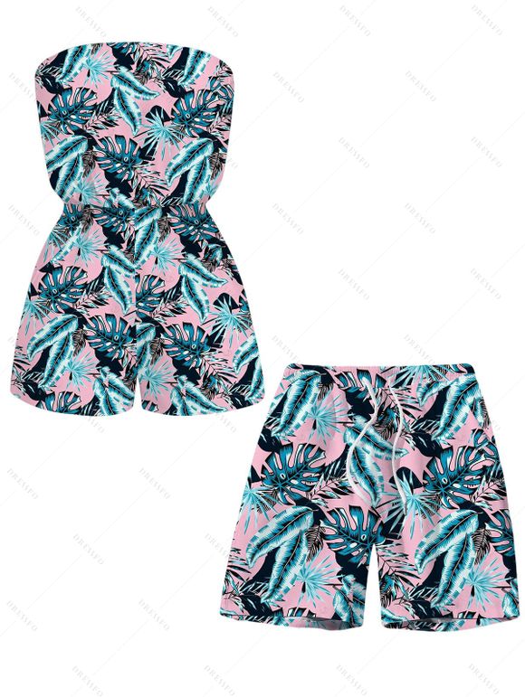 Hawaiian Vacation Couple Outfit Tropical Palm Leaf Print Pocket Off the Shoulder Romper and Drawstring Beach Shorts Set - Rose S | US 4