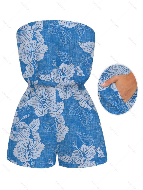 Hawaiian Vacation Couple Outfit Hibiscus Floral Leaf Print Pocket Off the Shoulder Romper and Shirt Set - Bleu Toile de Jean S | US 4